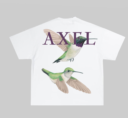 WHITE AXEL T-SHIRT WITH "TWIN-BIRD" PRINT IN GREEN AND PURPLE