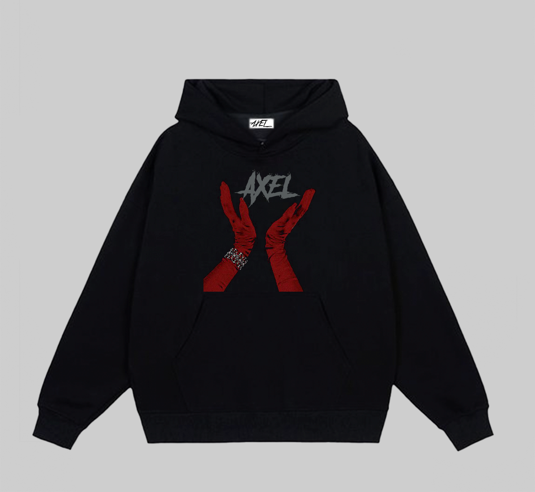 BLACK AXEL HOODIE WITH RED HAND PRINT