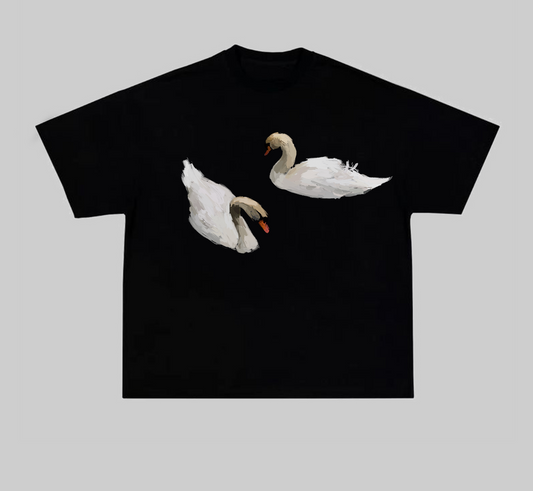 BLACK AXEL T-SHIRT WITH SWAN PRINT